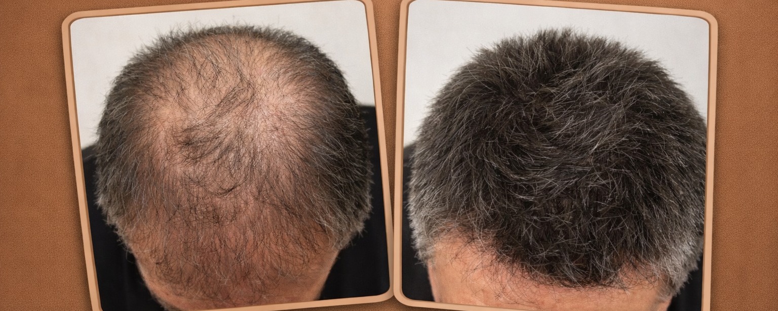 Before and after hair transplant in Turkey: crown regrowth close-up showing new hair density, performed by Dr. Merdan Celik, MD at Global Health Hair, Istanbul