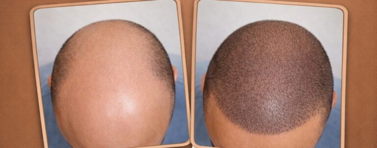 Before and after hair transplant in Turkey: crown baldness restored to full density, top-down view, performed by Dr. Merdan Celik, MD at Global Health Hair, Istanbul