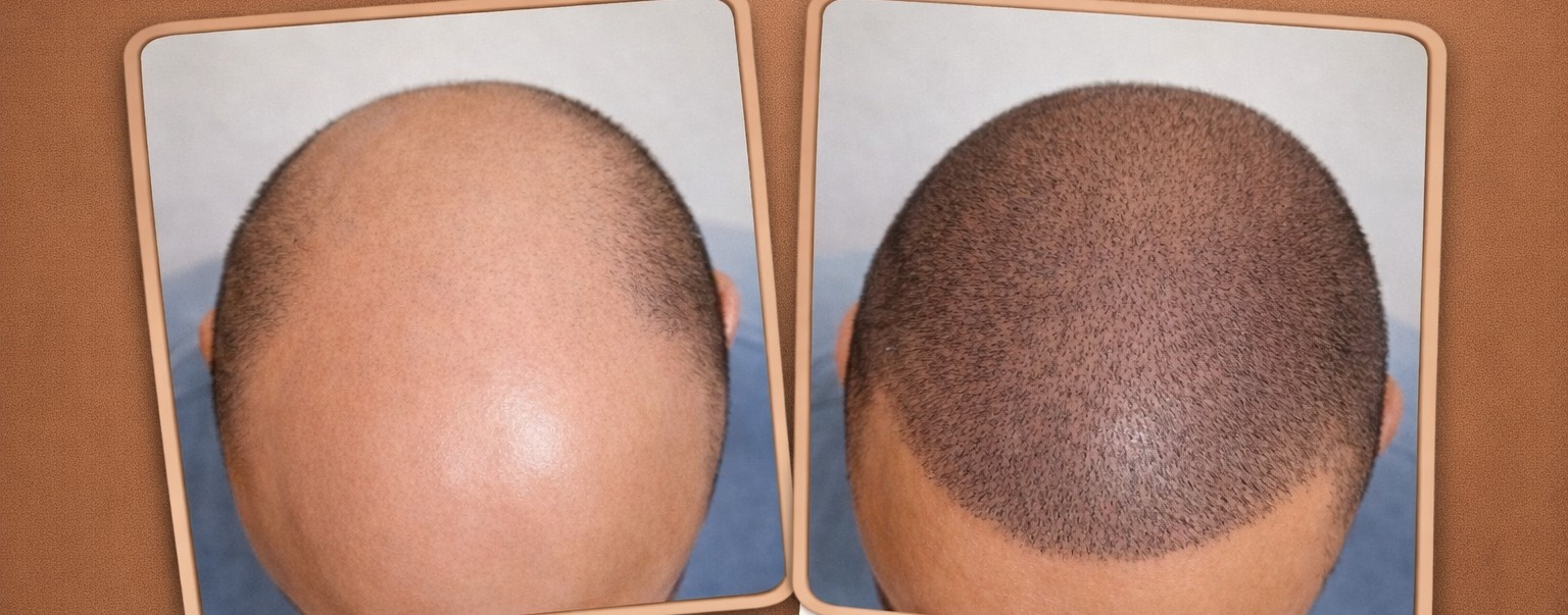 Before and after hair transplant in Turkey: crown baldness restored to full density, top-down view, performed by Dr. Merdan Celik, MD at Global Health Hair, Istanbul