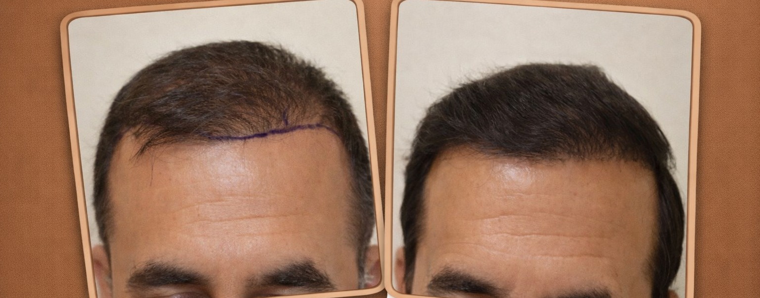 Before and after hair transplant in Turkey: receding hairline with donor area marked, restored to a natural frontal hairline, performed by Dr. Merdan Celik, MD at Global Health Hair, Istanbul