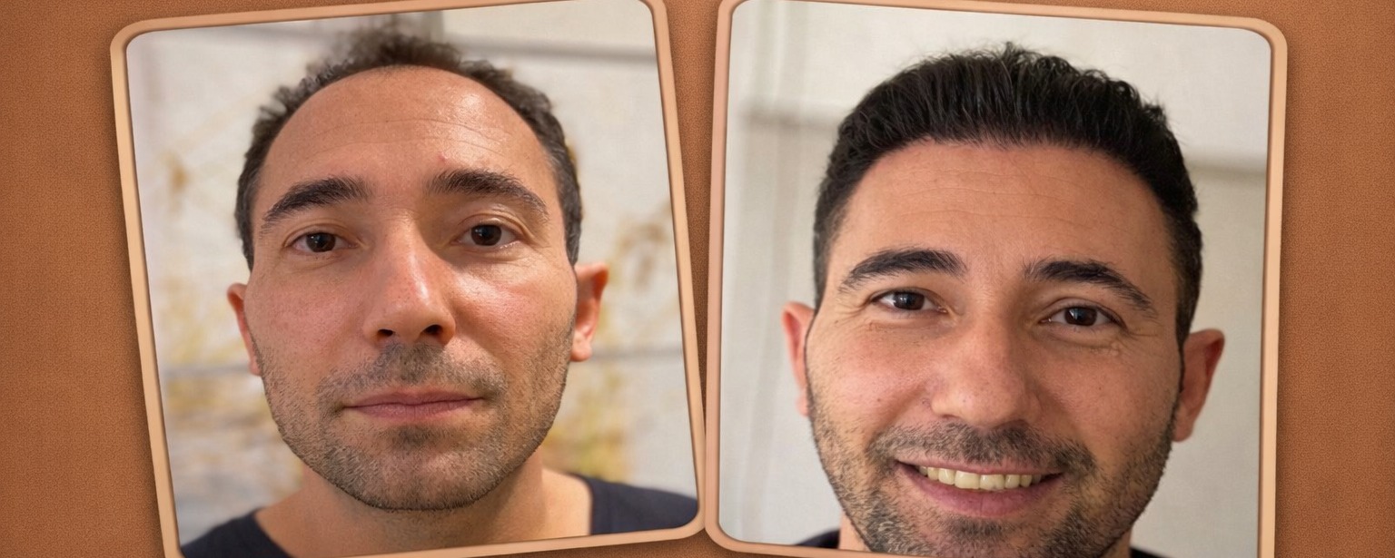 Before and after hair transplant in Turkey: thinning frontal hairline rebuilt with natural density, performed by Dr. Merdan Celik, MD at Global Health Hair, Istanbul