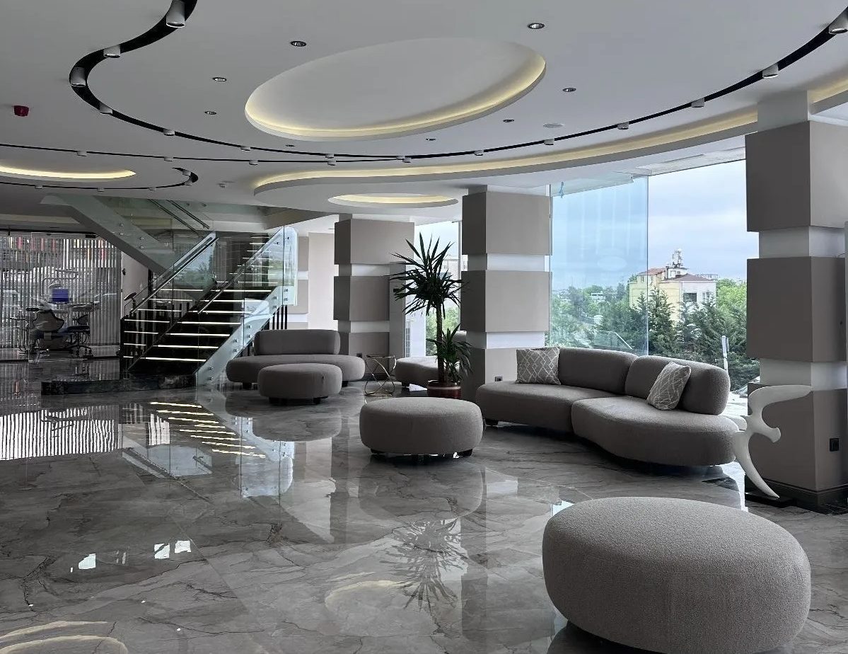 Spacious marble reception lounge at the Global Health Hair clinic in Istanbul